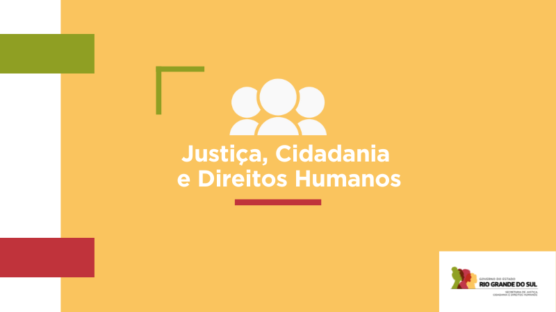 Card de divulgação Secretaria de Justiça, Cidadania e Direitos Humanos na cor amarela.