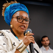 Fotografia mostra uma mulher negra adulta falando ao microfone em um auditório, parte da executiva do conselho. Usa turbante azul, óculos e vestimenta clara com detalhes escuros, além de pulseiras e anéis. Segura o microfone com uma das mãos, próximo ao rosto. Ao fundo, aparece parcialmente um painel digital vermelho com textos em branco e um homem desfocado. A iluminação é uniforme e o teto é escuro.
